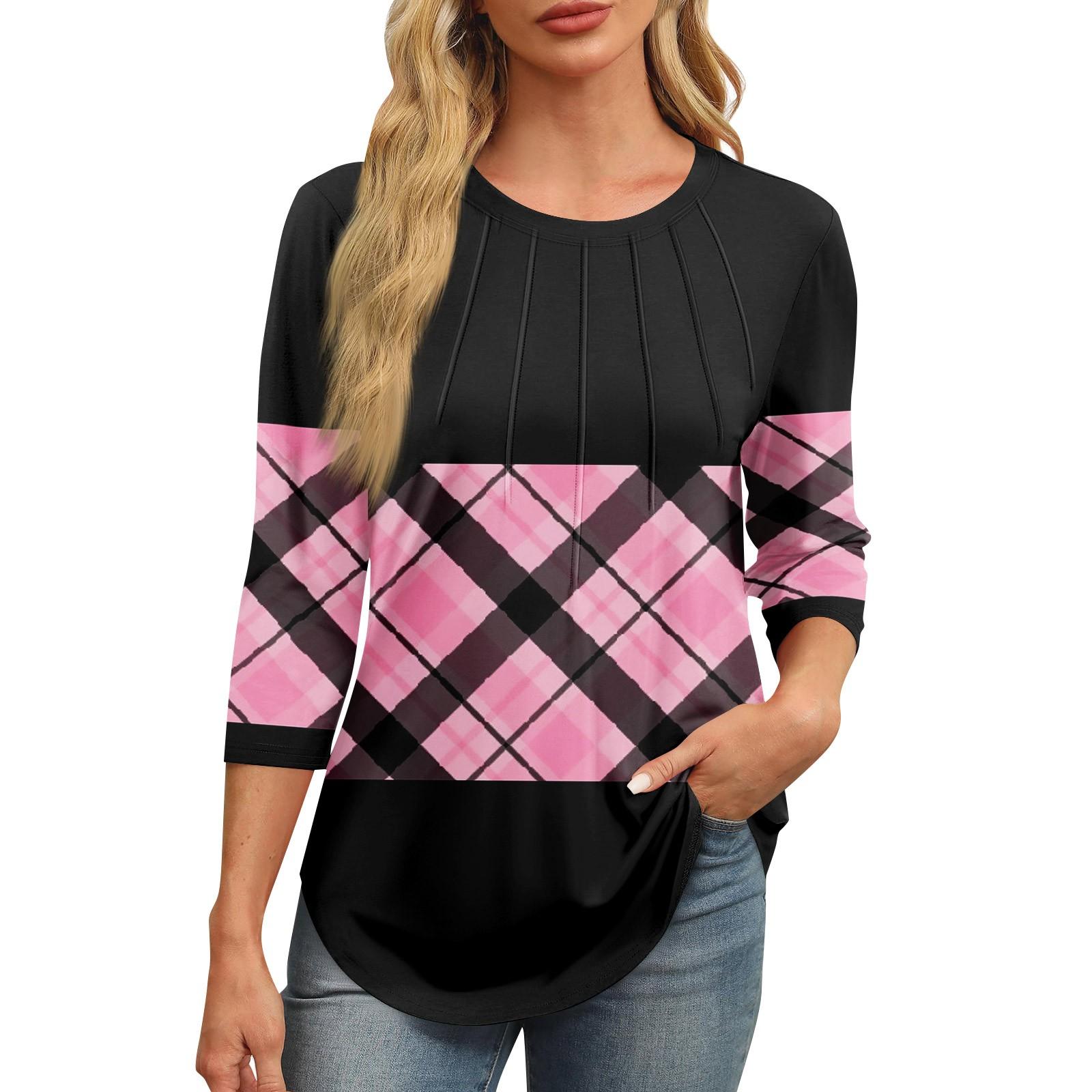 

Женская модная футболка с круглым вырезом и рукавом 3/4 с принтом, повседневная, базовая, плиссированная, пуловер XL розовый