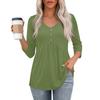 Womens 3/4 Sleeve V Neck Button Detail Solid Color Tunic Top Casual Loose Fit Blouse with Pockets