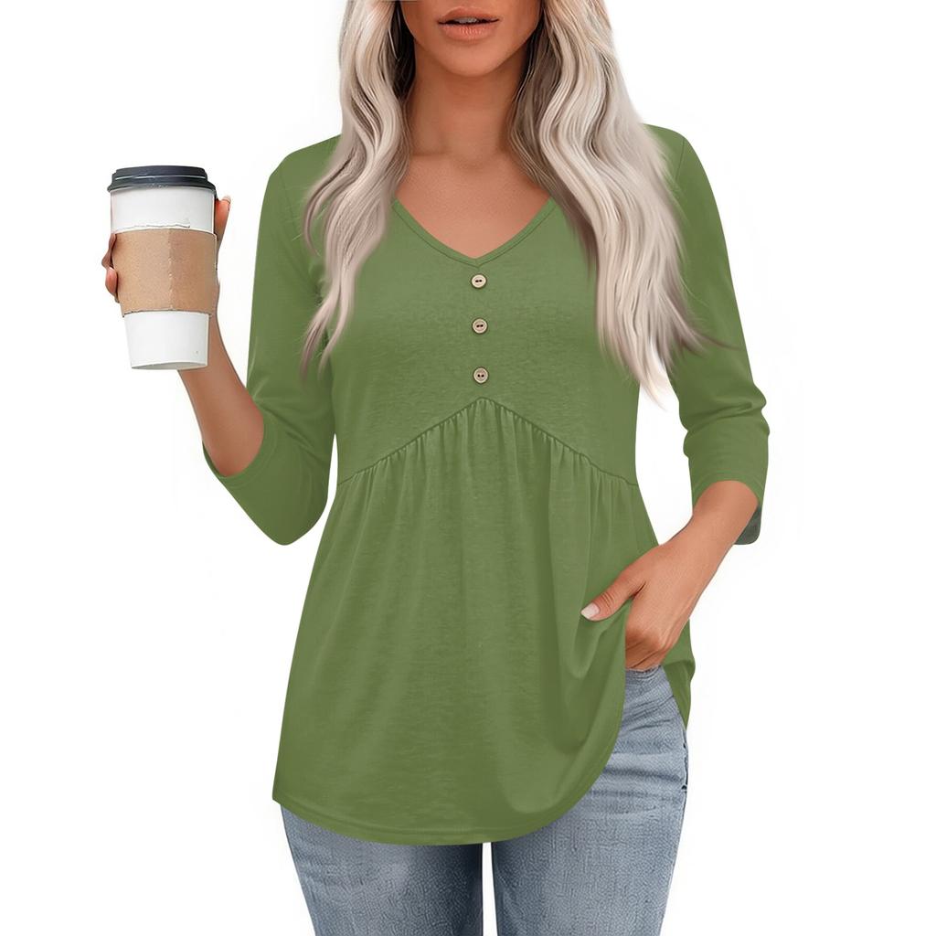 Womens 3/4 Sleeve V Neck Button Detail Solid Color Tunic Top Casual Loose Fit Blouse with Pockets