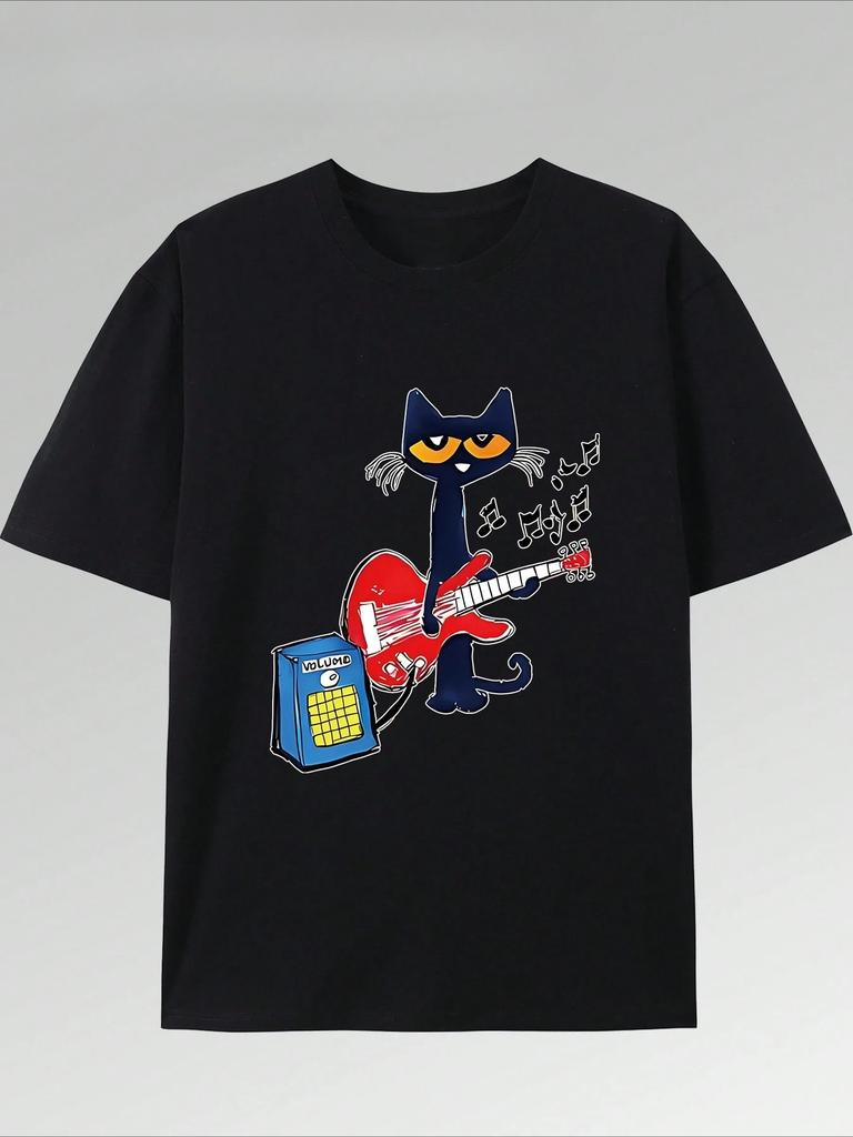 Summer New Vibrant Music Guitar Kitten Print T-Shirt Pure Cotton Short Sleeved Round Neck Top, Fashionable and Casual Boutique