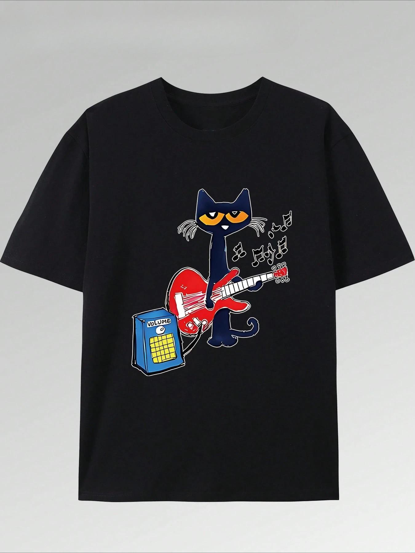 

Summer New Vibrant Music Guitar Kitten Print T-Shirt Pure Cotton Short Sleeved Round Neck Top, Fashionable and Casual Boutique 4XL