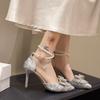 Fashion Temperament High Heels Women Summer New Pointed Toe Shallow Mouth Rhinestone Bow Beaded Non-slip Stiletto Sandals
