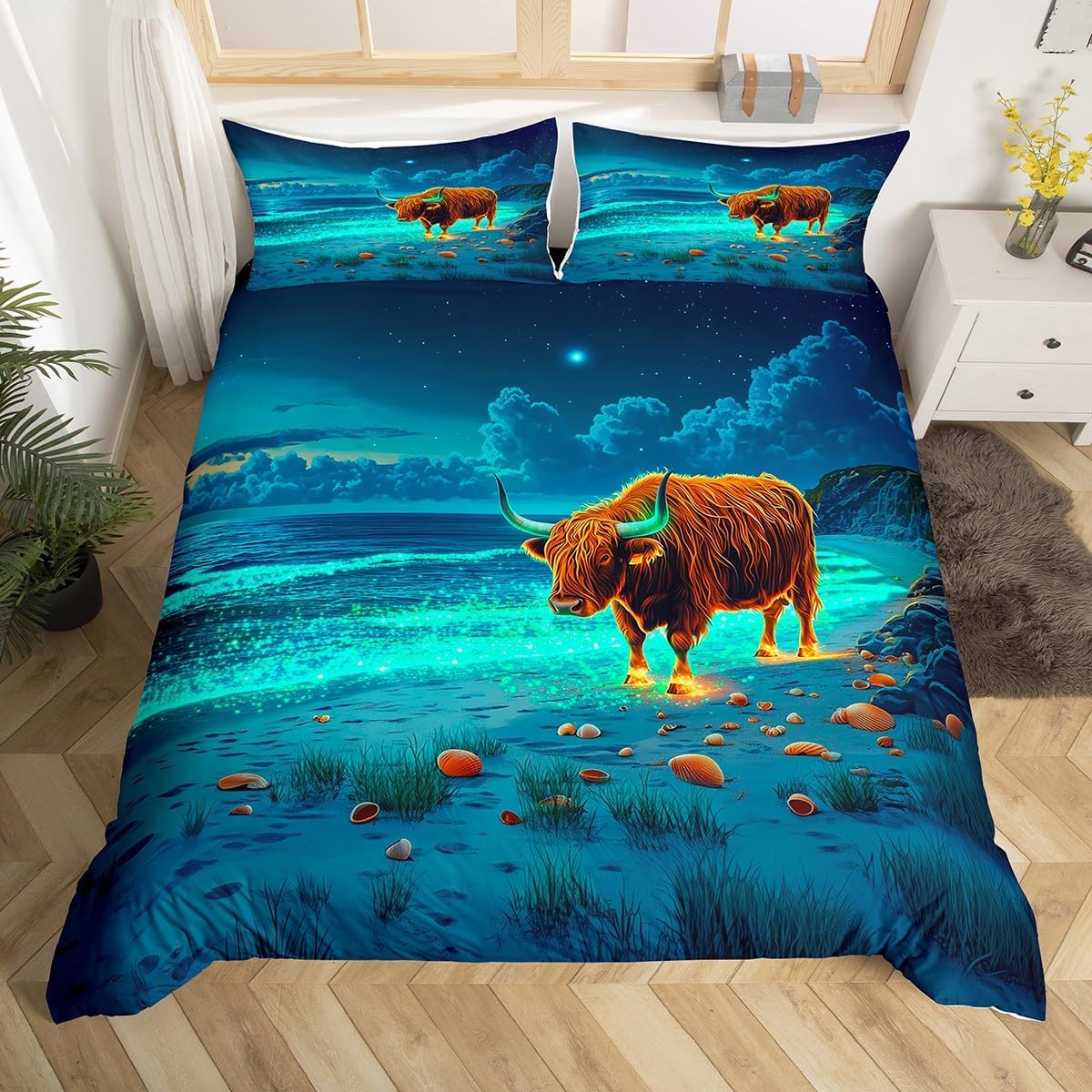 Highland Cow Duvet Cover Full Bull Cattle Bedding Set Bedroom Decor Western Funny Animal Wildlife Farmhouse Cow Comforter Cover