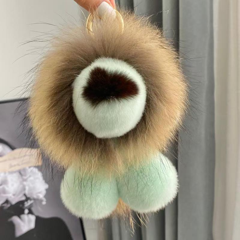 Genuine Raccoon & Rex Rabbit Fur Little Lion Bag Charm - Cute Plush Doll Women's Trendy Accessory