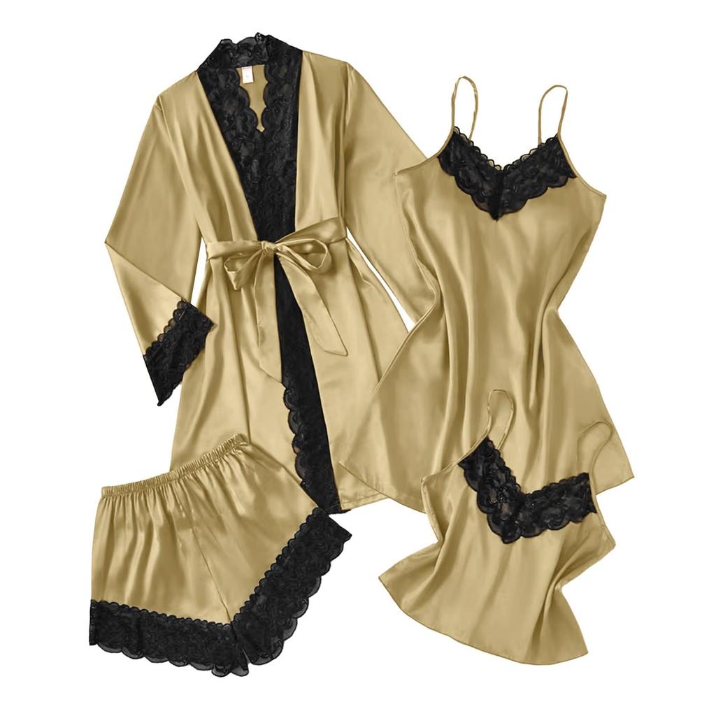 Women's 4,piece Satin Pajama Set, Soft Satin Sleepwear Set