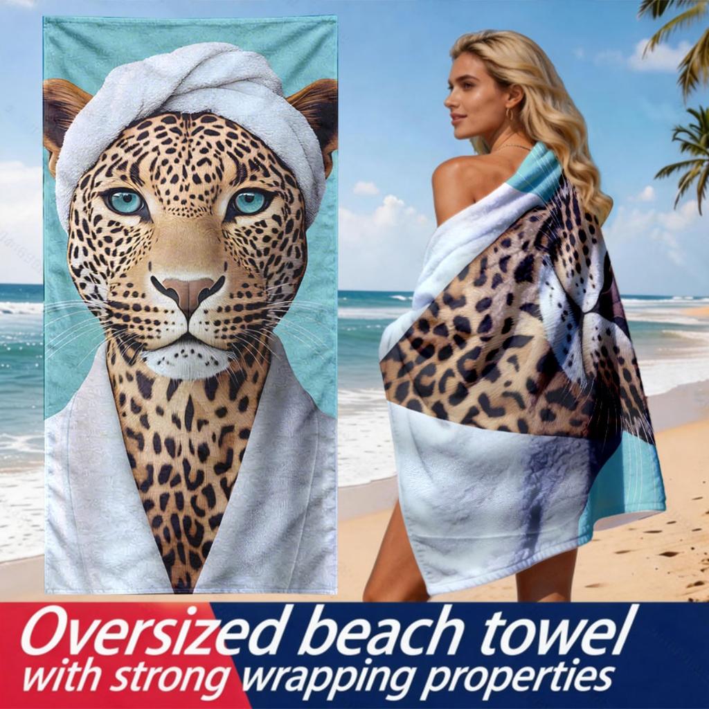 Fun Anthropomorphic Style Cheetah Polyester Microfiber Beach Towel Is Highly Absorbent, Suitable for Swimming and Beach Outings