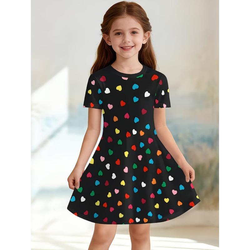 Girl Dresses Short Sleeve Summer Dress Bowknot Heart Print Hawaiian Vacation Beachwear Dress Outfits Bonfire Girls Party Dresses