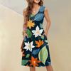 Abito da donna casual alla moda sexy con scollo a V, decorazione a bottoni, senza maniche, da spiaggia stampato, con boutonniere