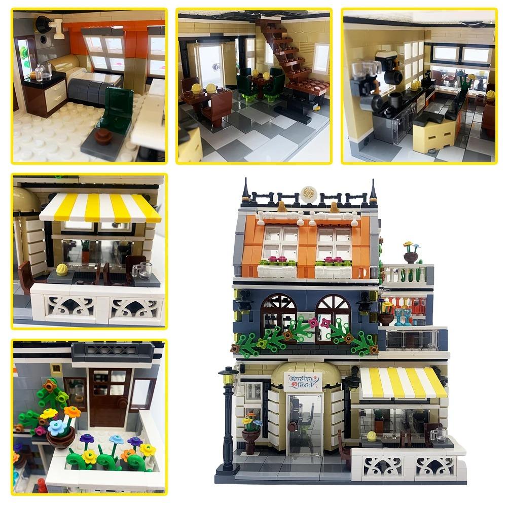 Garden Hotel Themed Building Blocks Set with Light City Street View Model Bricks Creative DIY Kit Ideal Kids Birthday Gift Toy