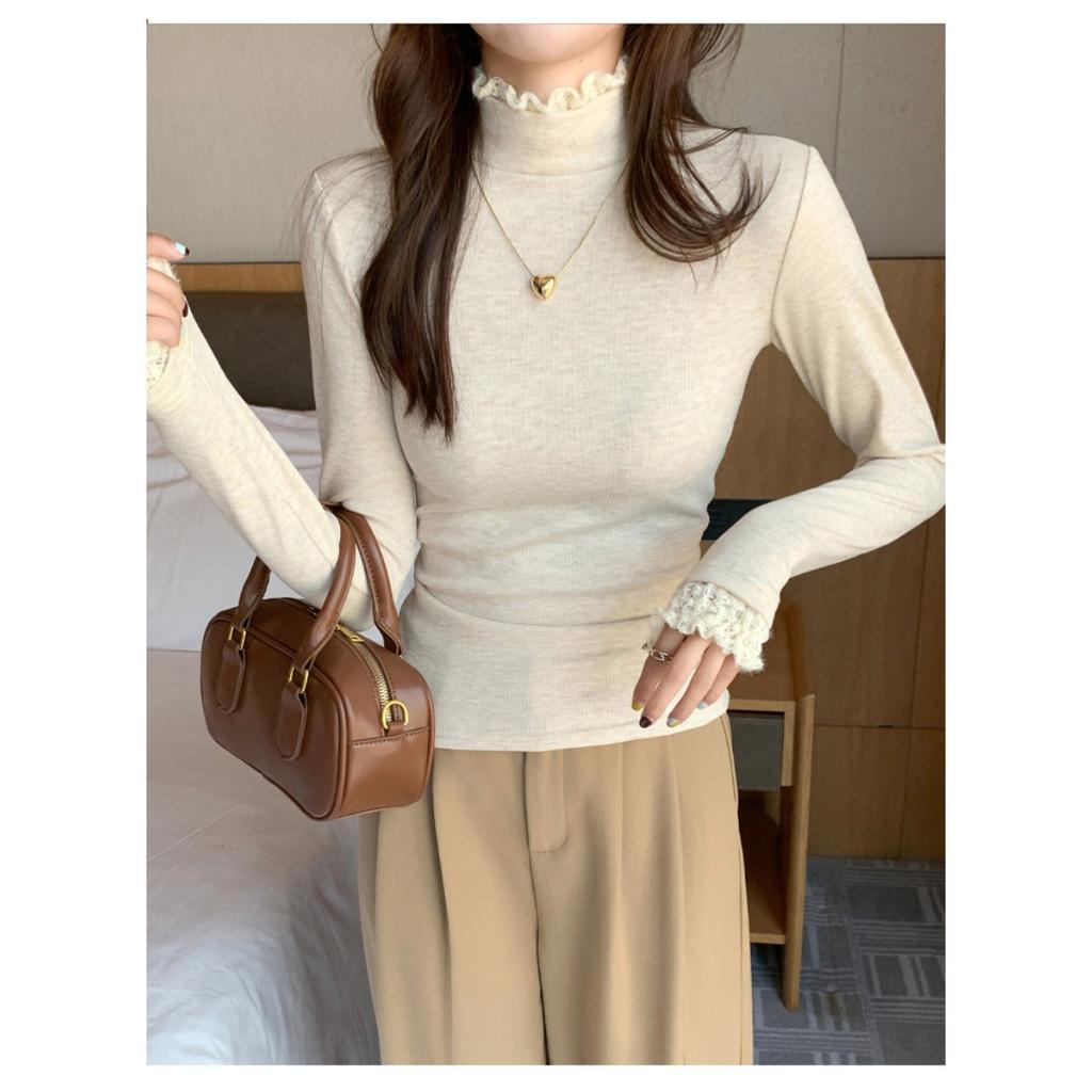 Lace Patchwork Half High Neck Base Sweater for Women, Autumn and Winter Thread Slim Fit Sweater, Lace Knit Sweater, Inner Top