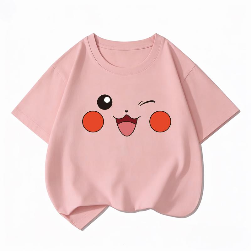 Potdemiel Kids Cotton Tshirt Cute Pikachu Face Print Summer Short Sleeve Breathable Crew Neck Boys Girls Casual Tops