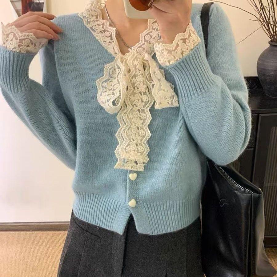 Lace and Pearl Cardigan Women's Bow Knitted Cardigan Loose Sweater for Autumn and Winter Long-sleeved Top Coat