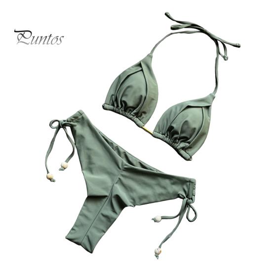 

2 шт./компл., сексуальный женский комплект бикини, однотонный бюстгальтер с лямкой на шее, трусы на шнуровке с высокой талией, комплект пуш-ап, купальник, быстросохнущая пляжная одежда S зелёный