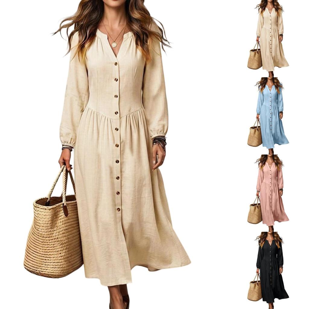 Women's Long Sleeve Stand Collar Maxi Dress with Single-Breasted Waist-Cinching Flared Hem for Vacation