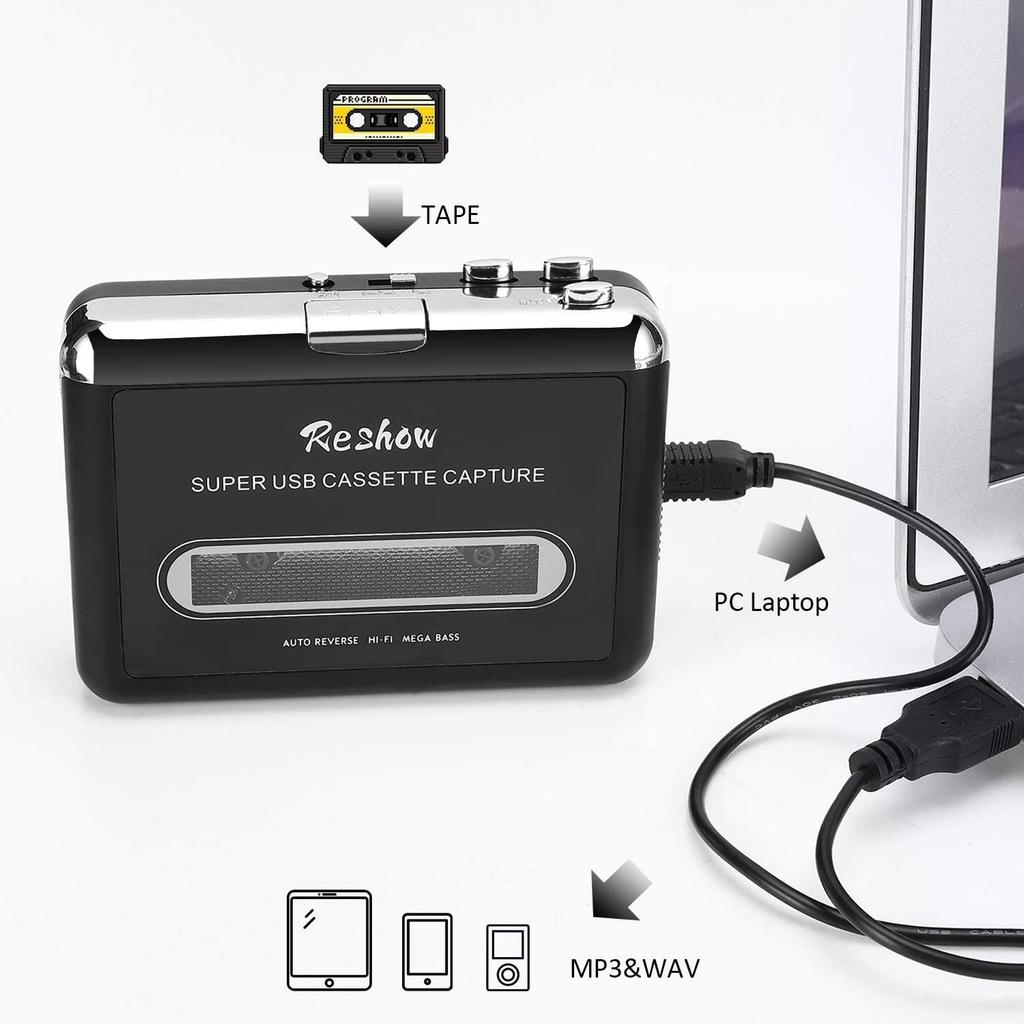 Reshow Portable Cassette Tape To Digital Converts Cassette Recorder To iPod Compatible with Laptops and Includes Earphones Black Player, Converter,