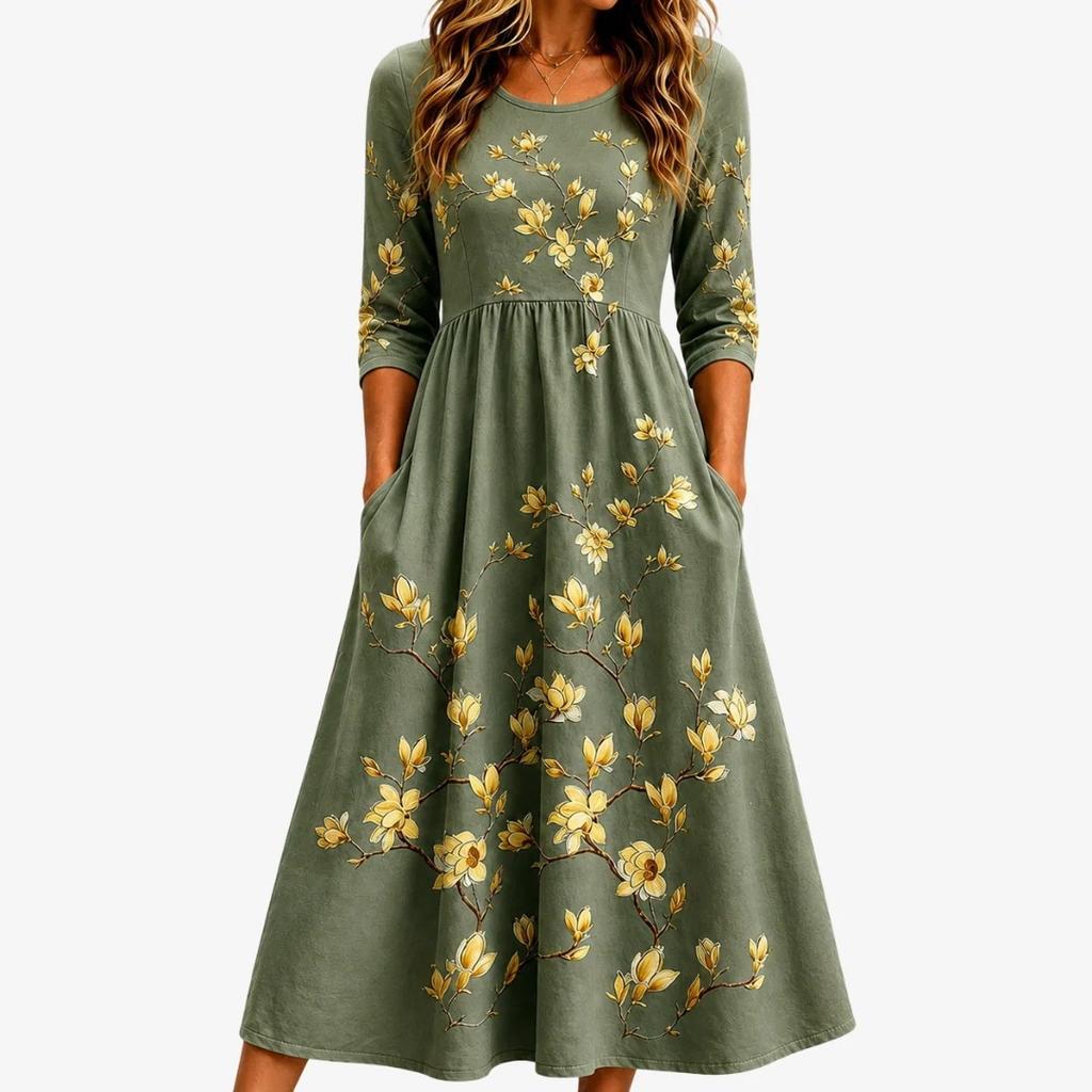 Spring and Summer 2026 New Round Neck 7-point Sleeve Casual Loose Long Printed Dress - Bamboo Hemp