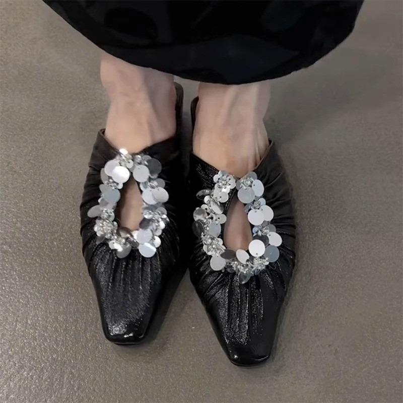 Pleated Cutout Sequin Slippers Baotou Summer Outside French Square Toe Women's Half Slippers