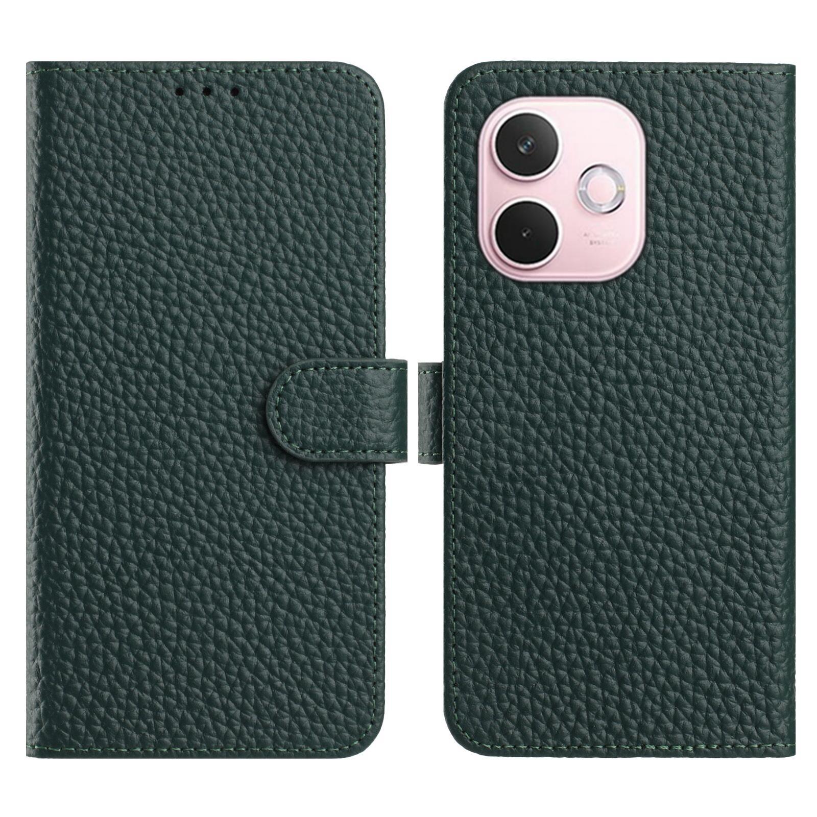 

For Oppo A5 Pro 5G (Global)/4G (Global) Case Wallet Stand Litchi Texture Genuine Cow Leather Flip Phone Cover Green