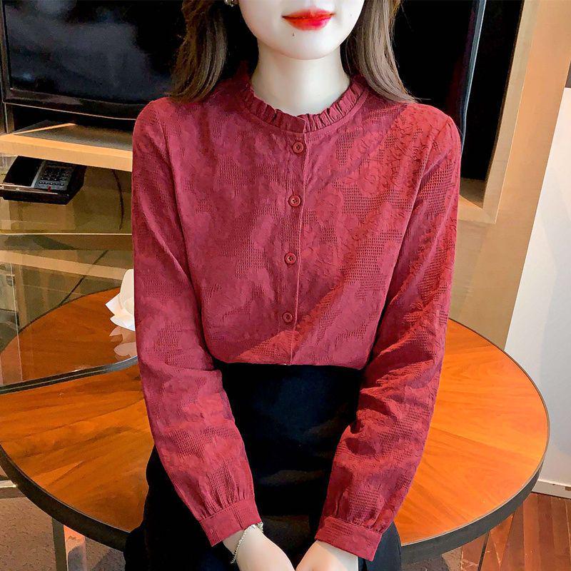 

Spring & Autumn 2024 Women s Jacquard Cotton Shirt with Ruffled Collar - Fashionable & Versatile XL вино красного
