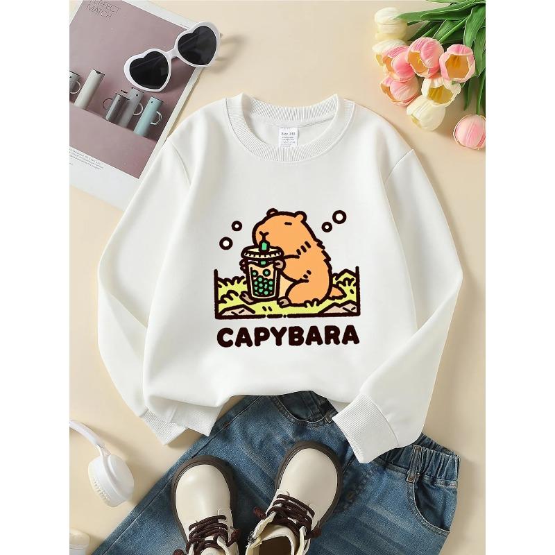 European sizes Kids' Crewneck Sweatshirt - Capybara Holding Bubble Tea , Sportswear And Casual Wear, Soft And Comfortable, Children's Clothing