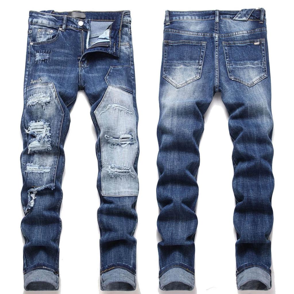 Denim Street Youth Trendy Jeans Embroidered Hole Stretch Small Leg Men's Jeans