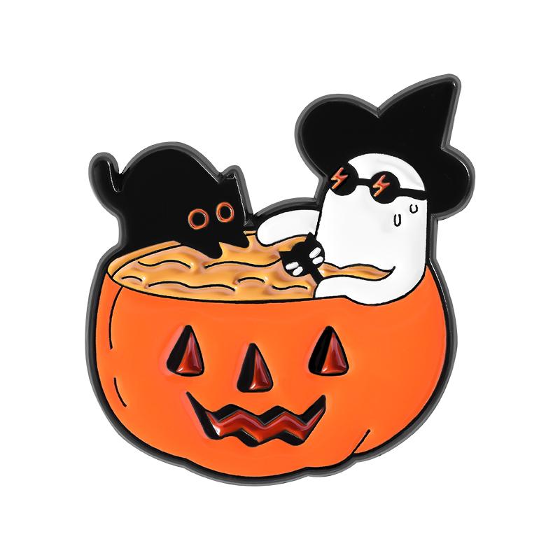 White Ghost With Cat Enamel Pins Spooky Pumpkin Skull Boo Kitten Halloween Brooches Lapel Badge Jewelry Gifts for Friends