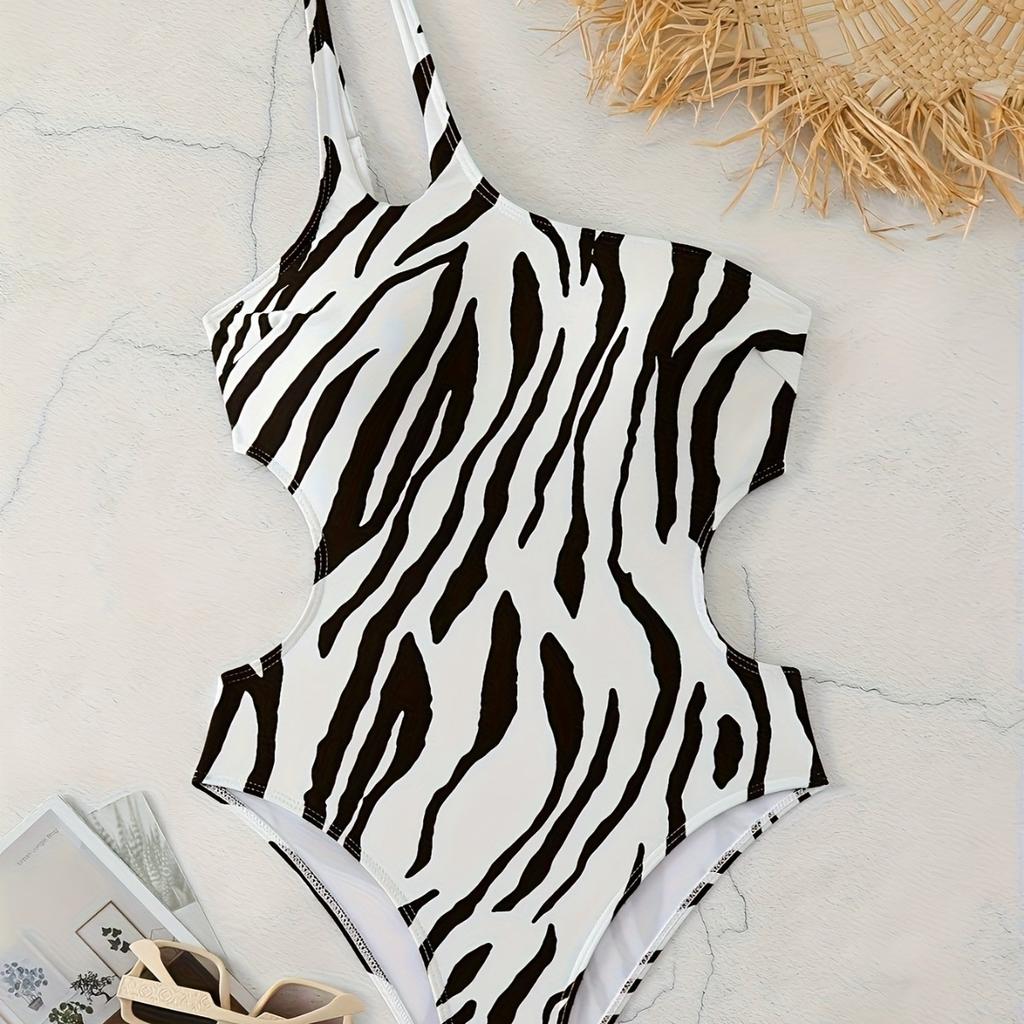 Costume da bagno bikini a righe diagonali con stampa, scollatura sulla schiena, spalline doppie, per la spiaggia