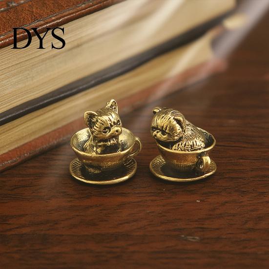 Artistic Home Office Desk Decor Miniature Teacup Cat Statue, Cute Brass Dog Figurine, Landscape Decorative Accents Collectable Animal for DIY