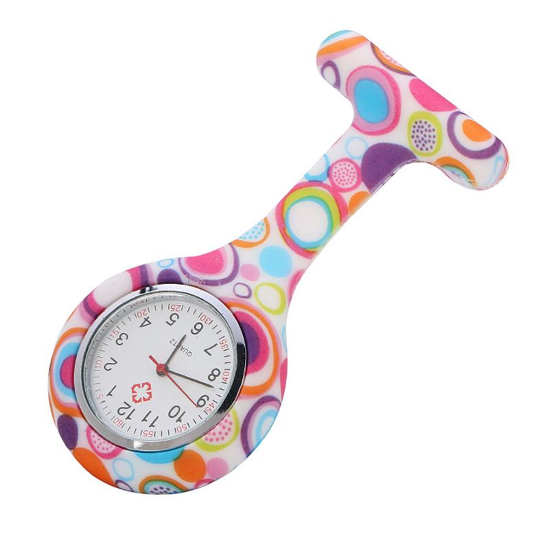 Unisex Silikon Runde Krankenschwesteruhr Clip-on Anhänger Brosche Reversuhr mit Blumenmuster Abdeckung