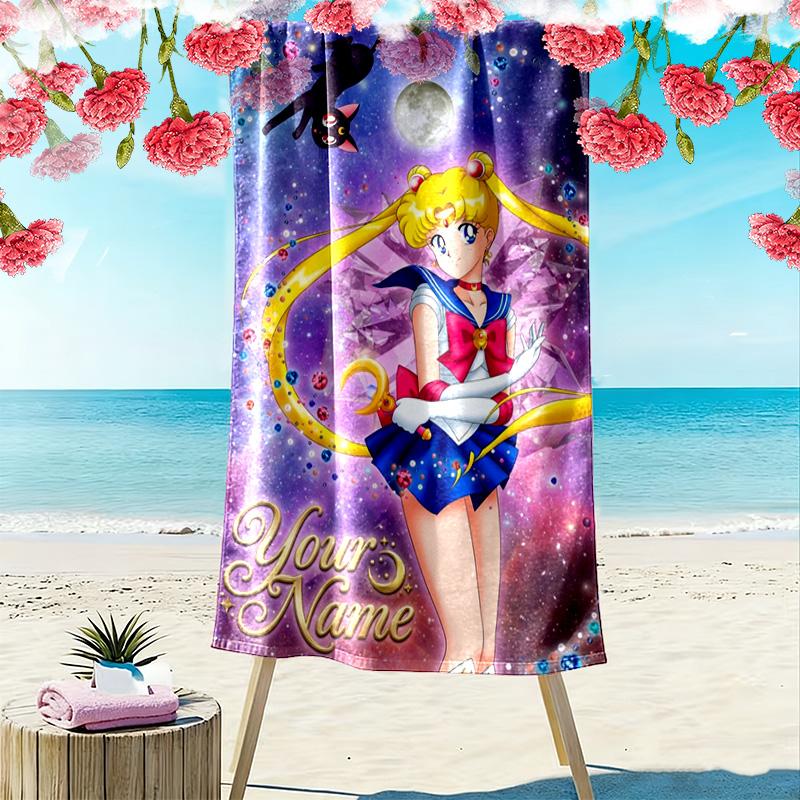 Name Custom Magic Sailor Girl Print Beach Towel, Large Soft Quick Dry Towel for Beach Camping Swimming