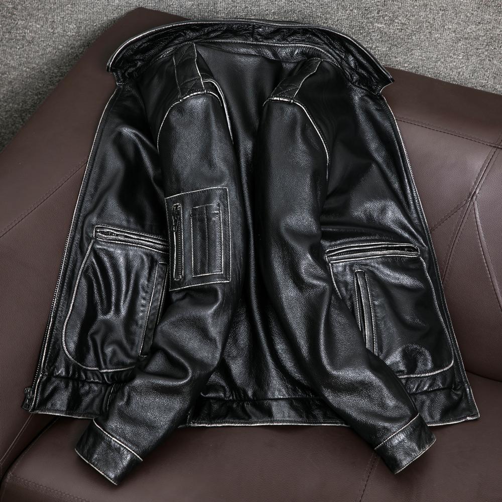 Vintage American Distressed Pilot Flight Jacket Genuine Leather Coat Mens Big Size Outerwear