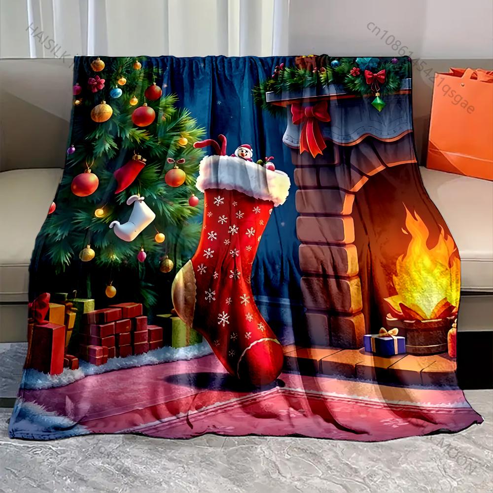 Christmas Stockings and Festive Decor Pattern Blanket Flannel Material Soft Warm for All Seasons Home Outdoor Camping Picnics RV