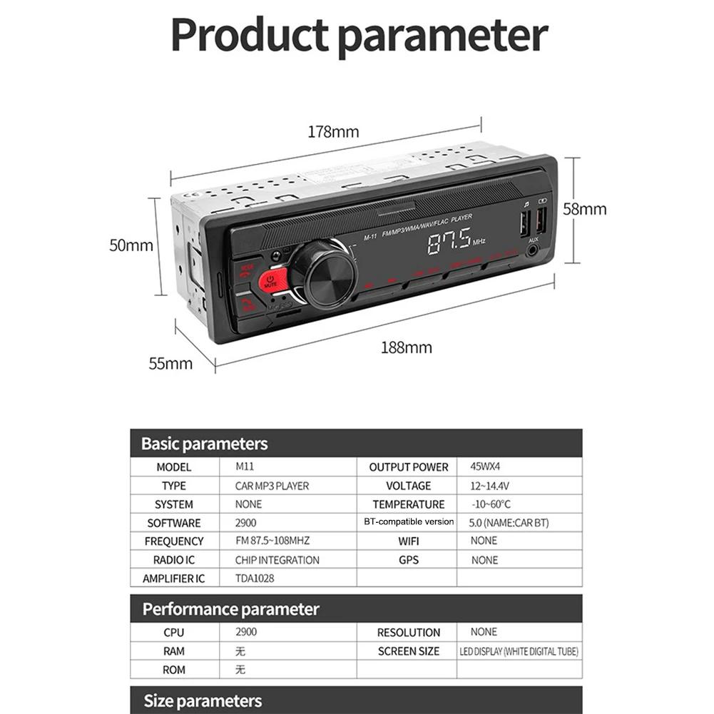 In-Dash Radio 178x50mm Car MP3 Player AUX Input Function High Universality Fitment Supports TF Card For Mobile Apps