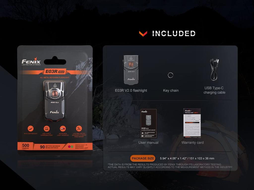 Fenix E03R Keychain Max 500 IP66 Waterproof V2.0 Light, Lumens, USB-C Rechargeable, Aluminum, (Light Blue)