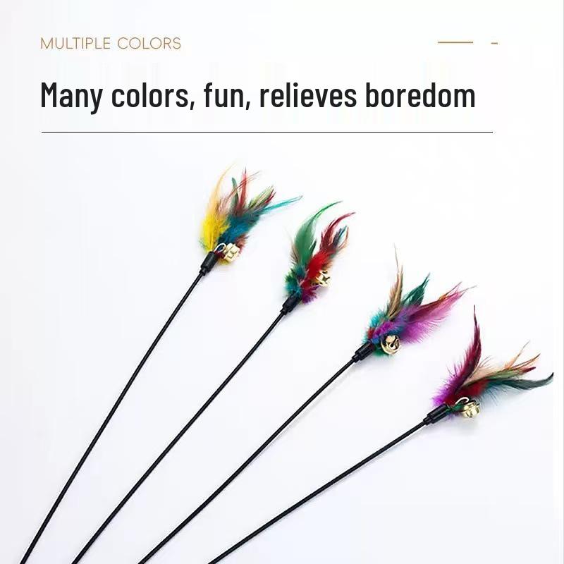 Colorful Feather Cat Teaser Stick: Black Rod with Bell, Bite-Resistant Kitten Toy