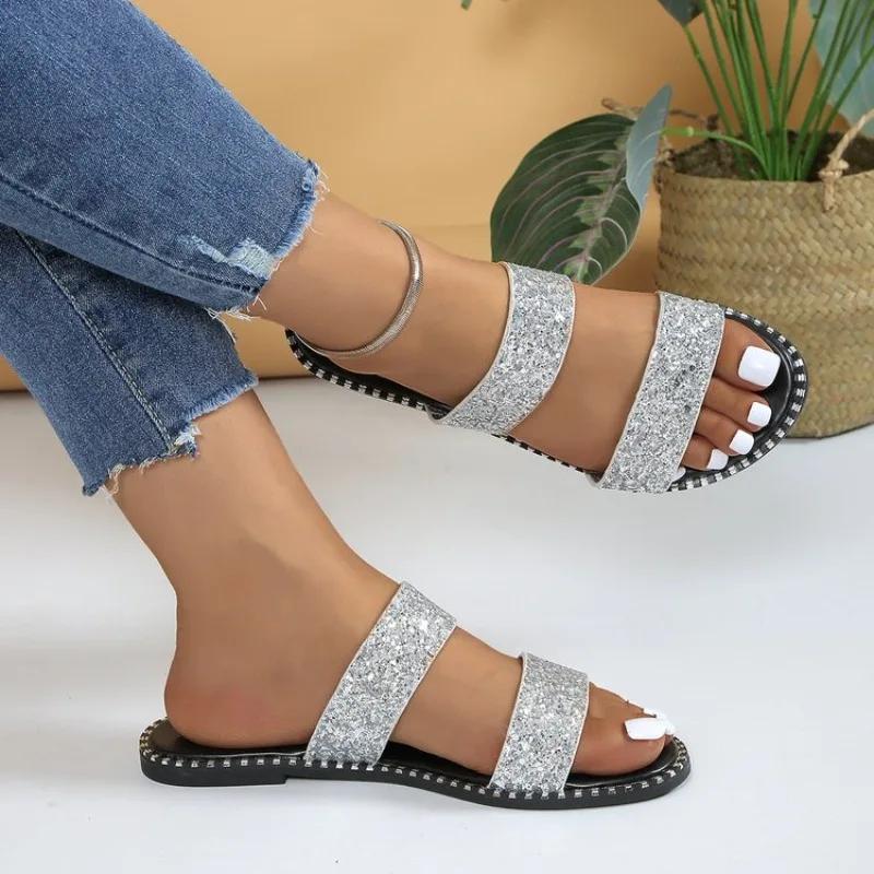 Sandale de vară pentru femei Sandale plate Sparkle Strass Slide La modă pentru femei de plajă Sparkly Dressy Slip on Bling Casual Pantofi