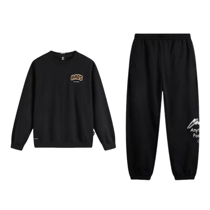 

Li Ning Теплая толстовка с круглым вырезом и длинными рукавами с принтом букв, флисовые свободные брюки, повседневный спортивный костюм, мужская толстовка, брюки, черный цвет AWDU515-1+AKLU921-1 XXL