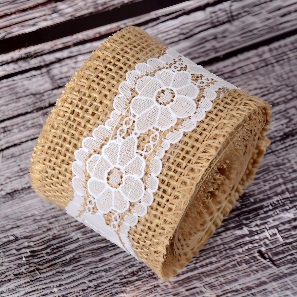 1 Rol 2M×5cm Natuurlijk Jute Linnen Lint, Rustiek Vintage Linnen Kantrand voor Bruiloftsdecoratie, Kerstfeest & Knutselbenodigdheden