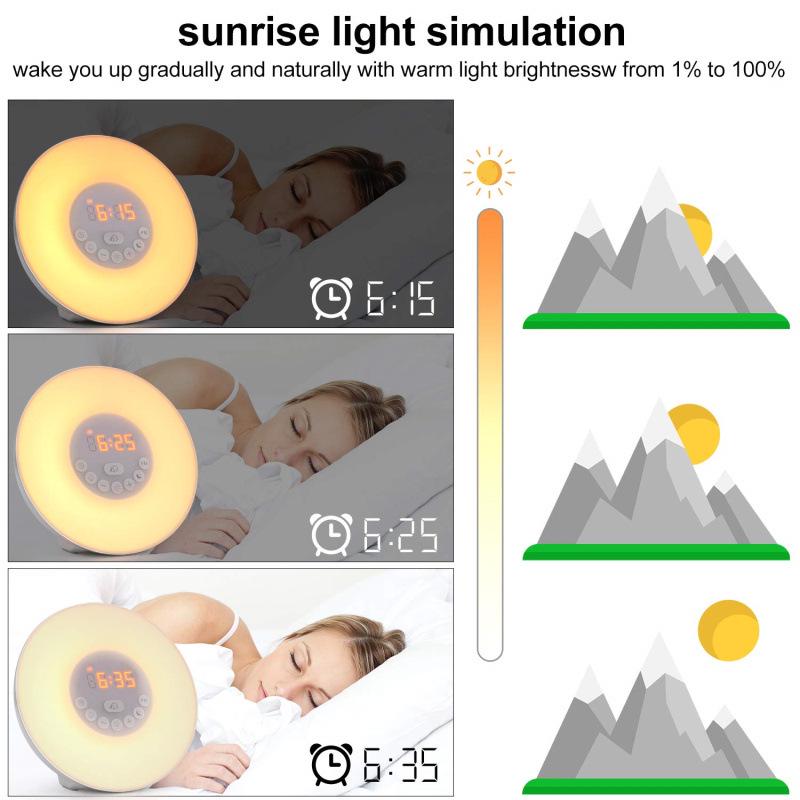 Creative Sunrise Alarm Clock with Music, Seven-Color LED, Sunset Hypnosis, FM Radio, and Night Light
