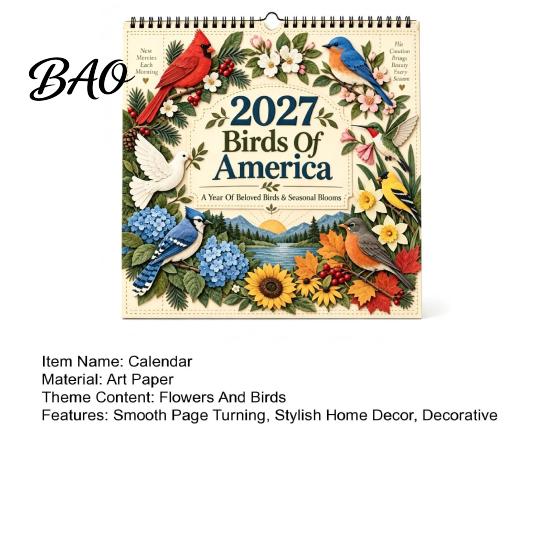 Home Office Supplies 2027 Bird Wall Calendar, Beautiful Birds & Nature Monthly Planner Record Important Dates with Coil Binding, Thick Art Paper
