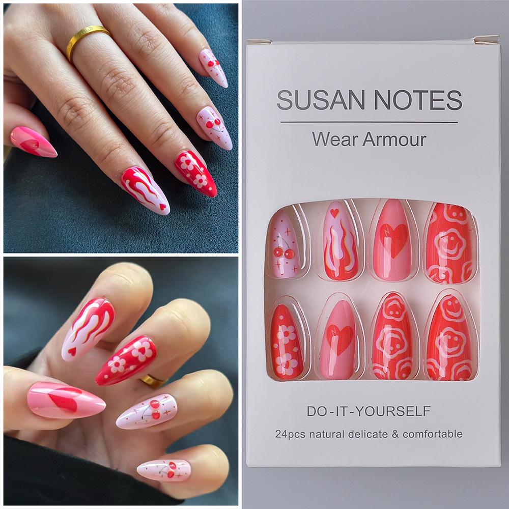 24-Piece Set: 3D Cherry Design Handmade Epoxy Almond False Nails