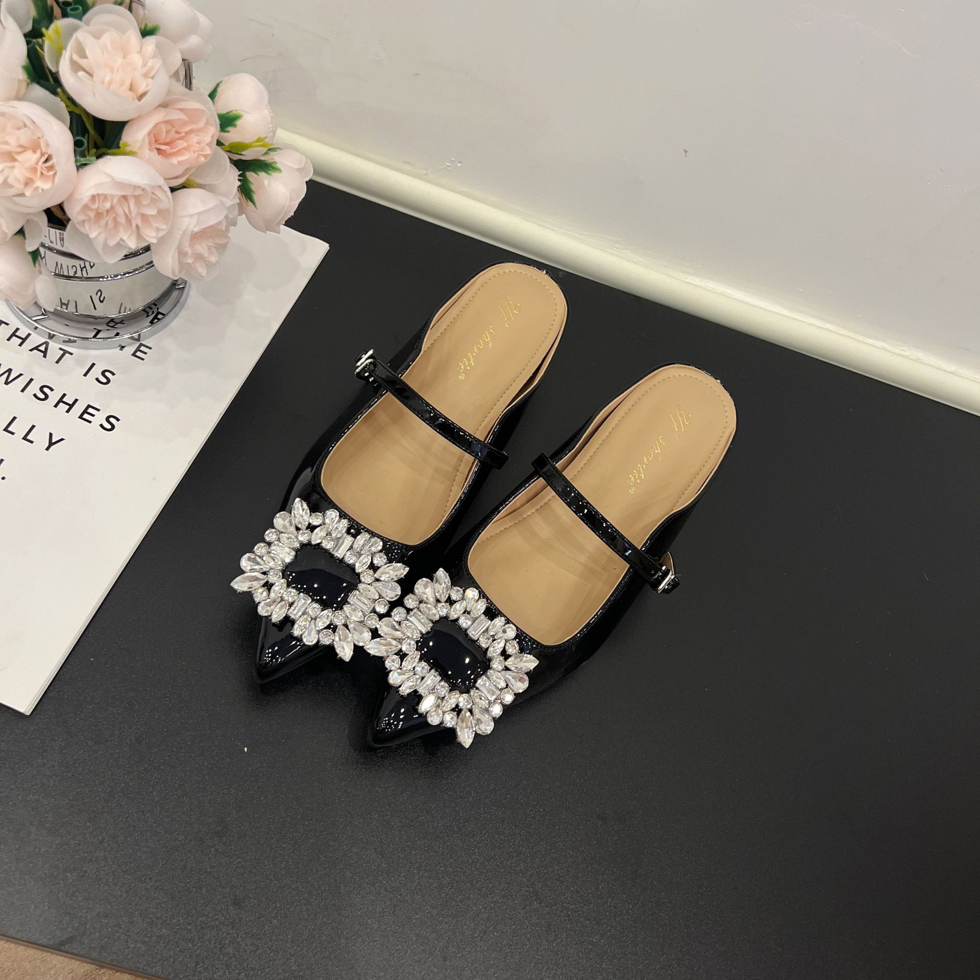 

Height increase 5cm rhinestone square buckle pointed cold slippers women s 2025 summer new French word with flat bottom half slippers 34