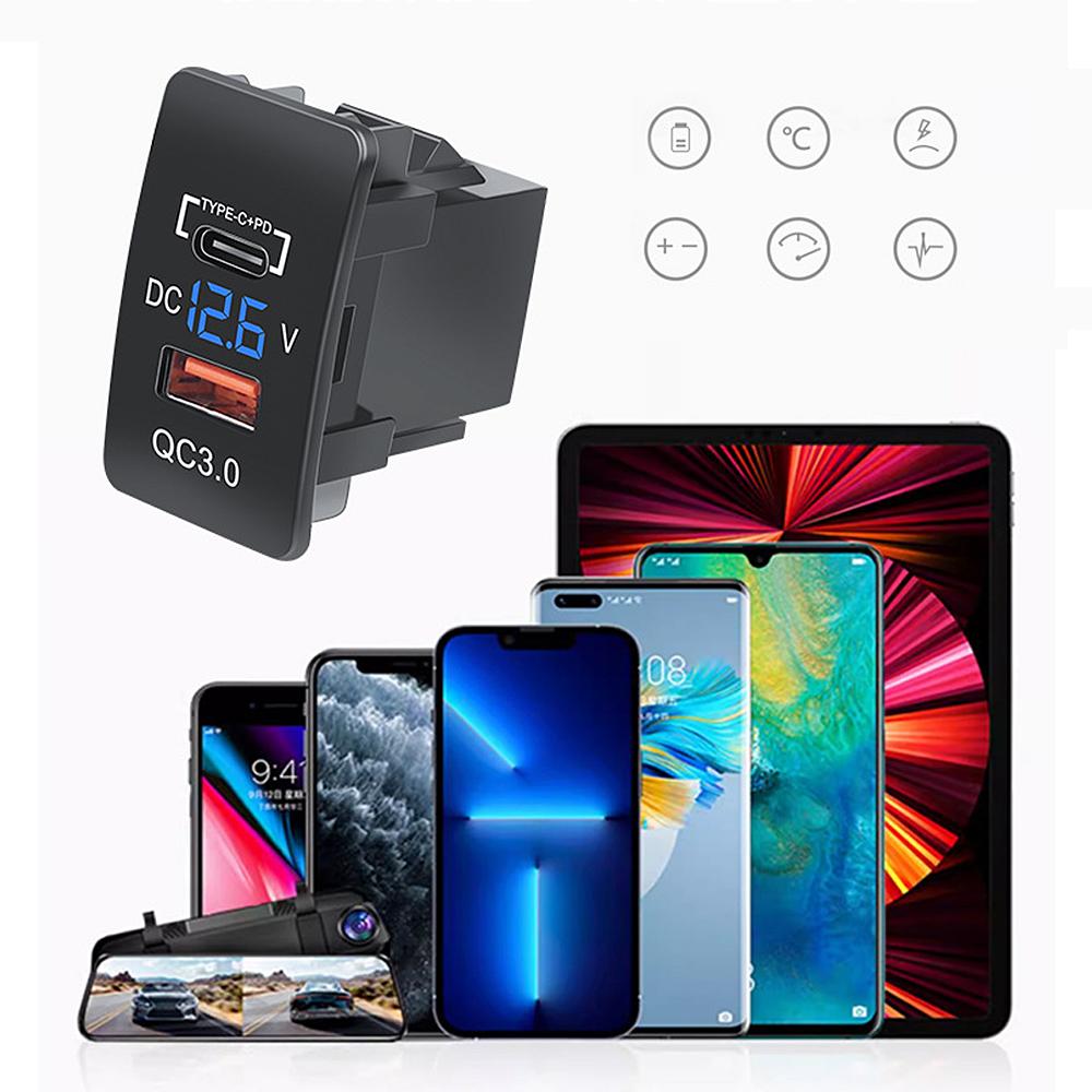 12V-24V Car Charger QC3.0 Type C PD with LED Voltmeter Outlet Waterproof USB Charging Port Adapter for Honda Old Style Modify