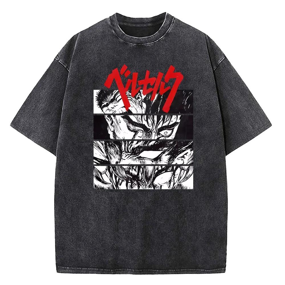 2026 Anime Berserk Guts Graphic Printed Tee Men Women Vintage Washed Casual Tshirts High Quality Cotton T Shirt Harajuku Male T-shirt