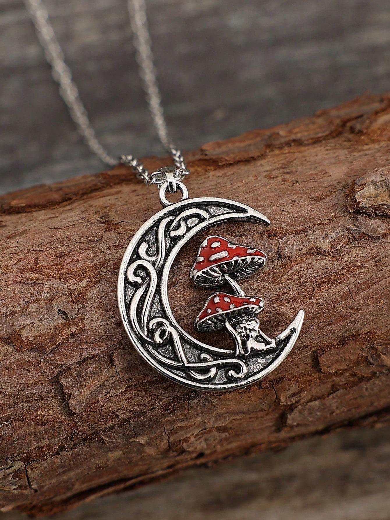 

1pc Boho Zinc Alloy Mushroom Decor Moon Charm Necklace For Women For Gift one-size античний срібного кольору