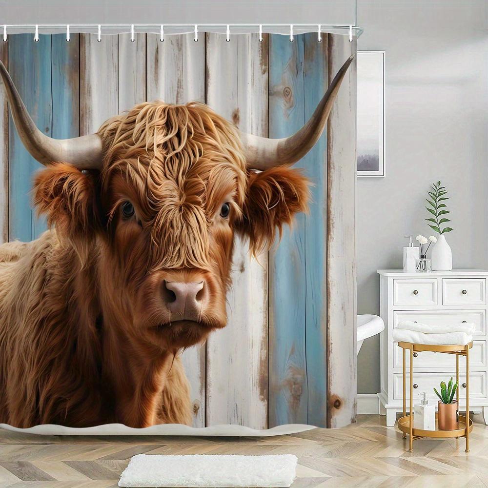 1pc Highland Cow Shower Curtain - Rustic Wooden Background with Blue Eyes & Brown Fur, Polyester Fabric, 70.8x70.8 Inches