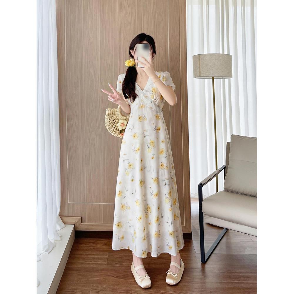 French Gentle Wind Super Fairy Temperament Floral Long Dress To Ankle Women's Extended Version Tall Short-sleeved Long Dress