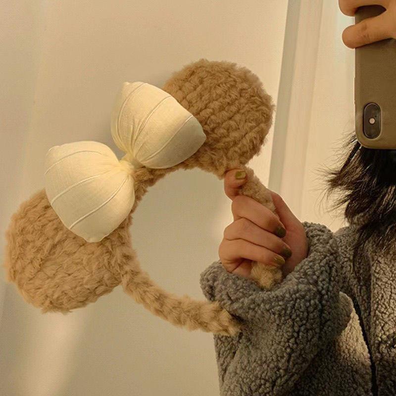 1pc Bow shaped teddy bear ear headband, women's autumn and winter plush cute cartoon face wash headband, hair clip