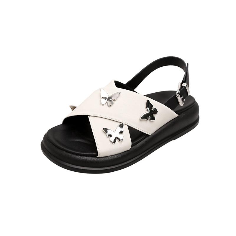 Butterfly buckle cross belt platform sandals women's new summer cowhide casual versatile flat beach shoes