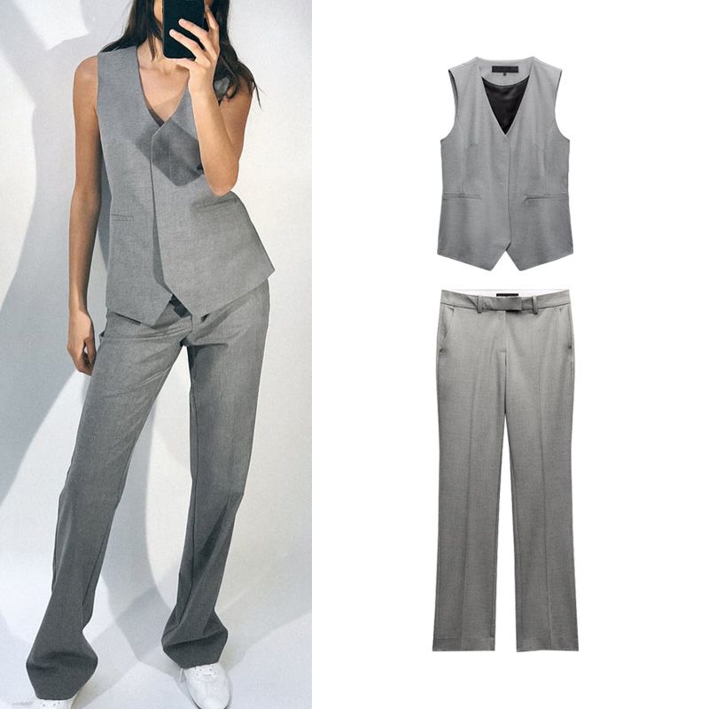 Spring New Suit Fabric Back Asymmetric Vest 9427556 Low Waist Straight-Leg Pants 1478229